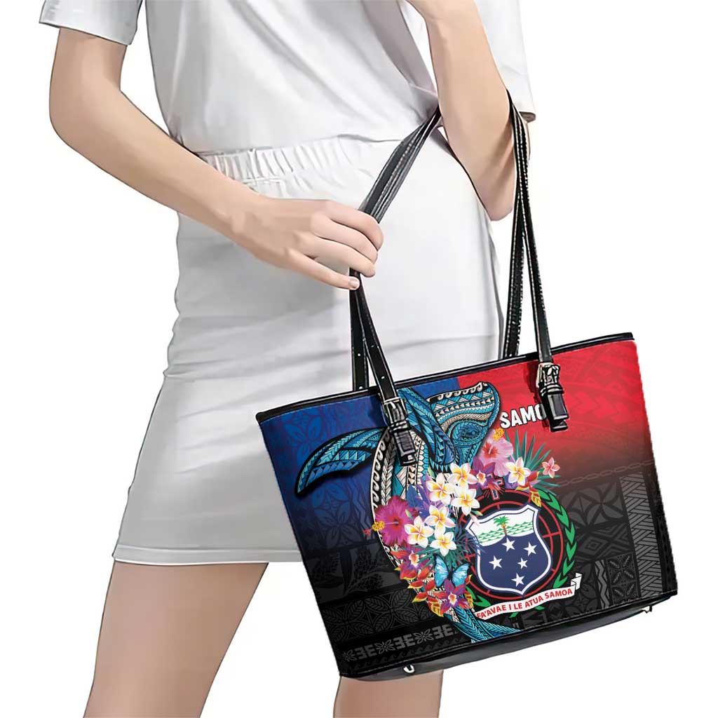 Samoa Leather Tote Bag Humpback Whale Siapo Pattern LT05 - Polynesian Pride