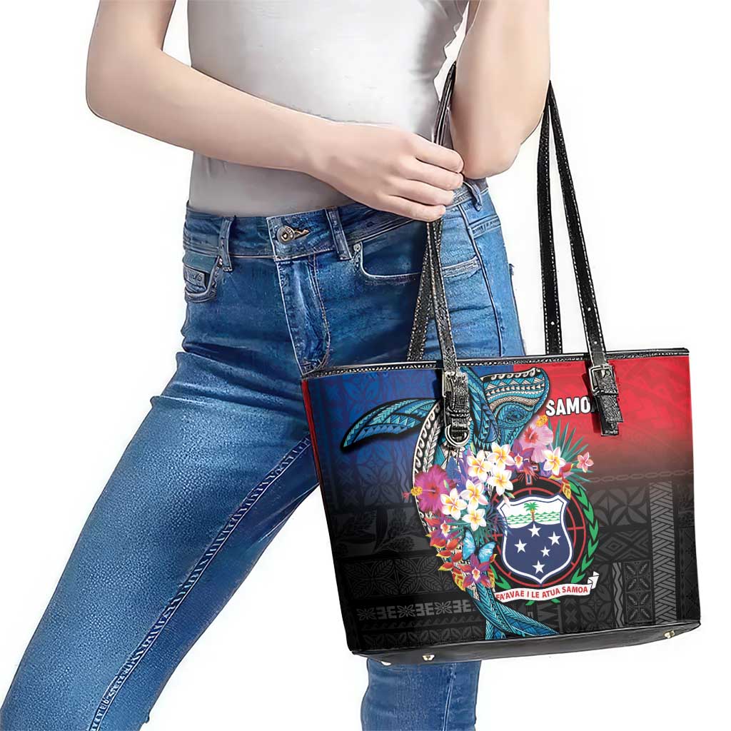 Samoa Leather Tote Bag Humpback Whale Siapo Pattern LT05 - Polynesian Pride