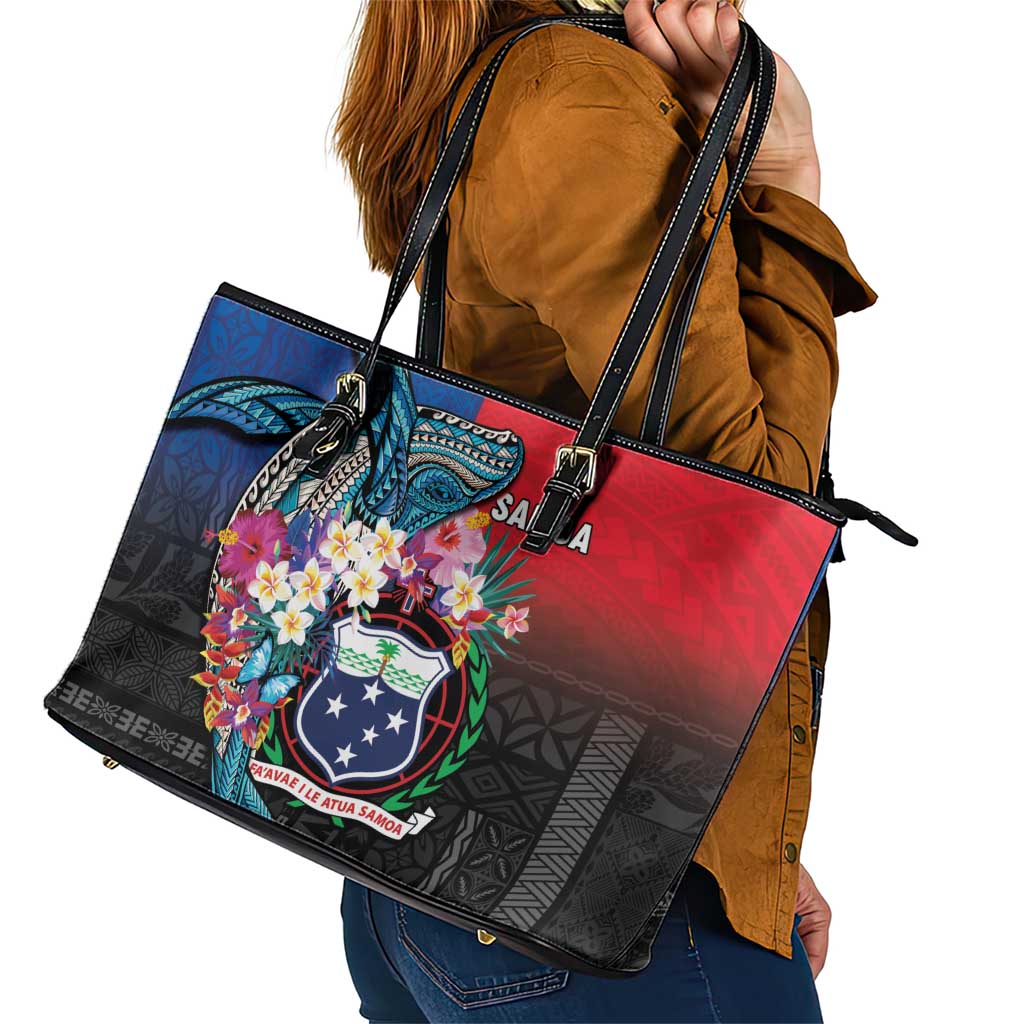 Samoa Leather Tote Bag Humpback Whale Siapo Pattern LT05 - Polynesian Pride
