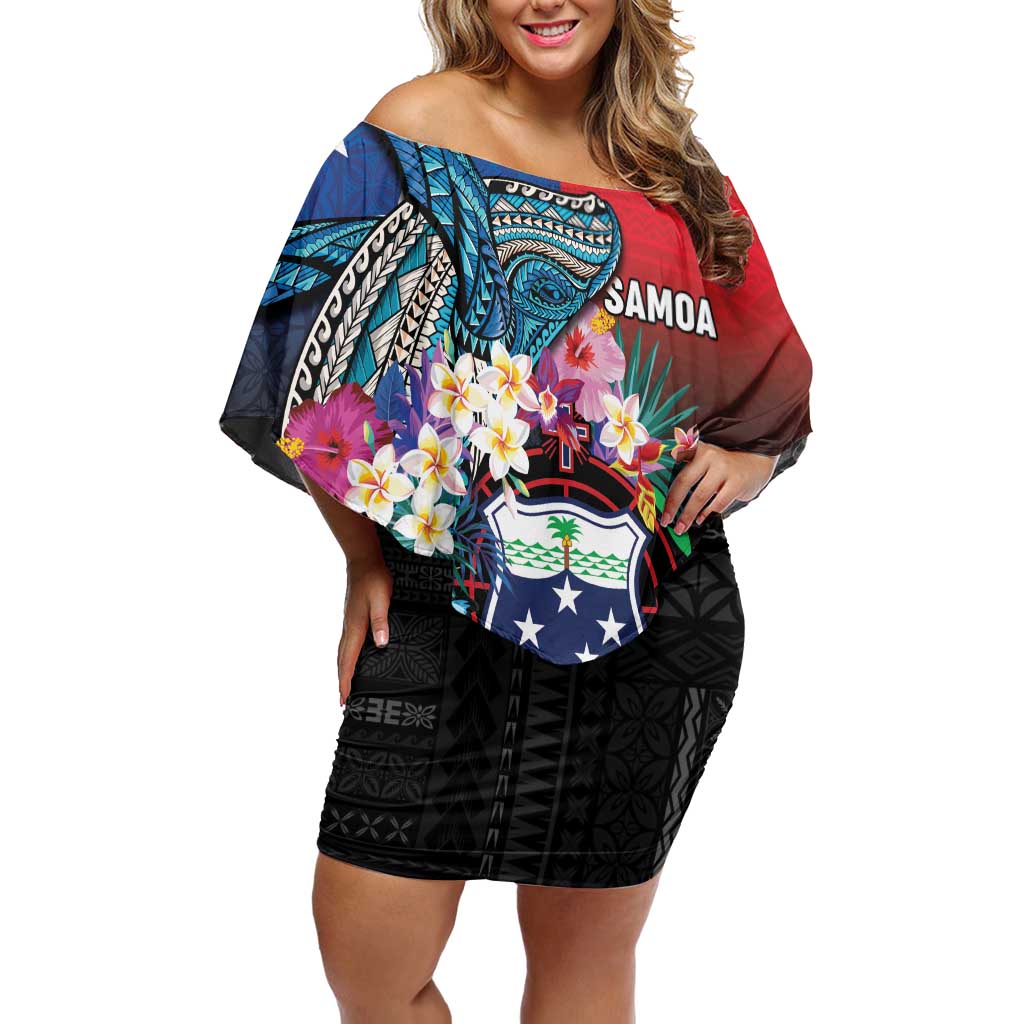 Samoa Off Shoulder Short Dress Humpback Whale Siapo Pattern LT05 Women Blue - Polynesian Pride