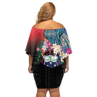 Samoa Off Shoulder Short Dress Humpback Whale Siapo Pattern LT05 - Polynesian Pride
