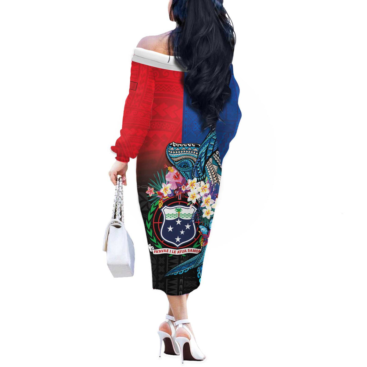 Samoa Off The Shoulder Long Sleeve Dress Humpback Whale Siapo Pattern LT05 - Polynesian Pride