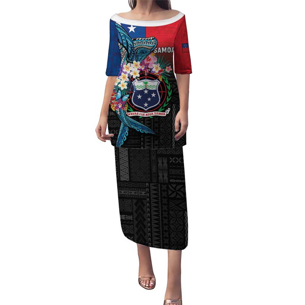 Samoa Puletasi Humpback Whale Siapo Pattern LT05 Long Dress Blue - Polynesian Pride