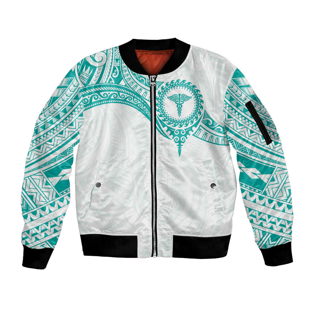 Personalised New Zealand Aotearoa Sleeve Zip Bomber Jacket Nurse Tribal Teal Version LT05 Unisex Teal - Polynesian Pride