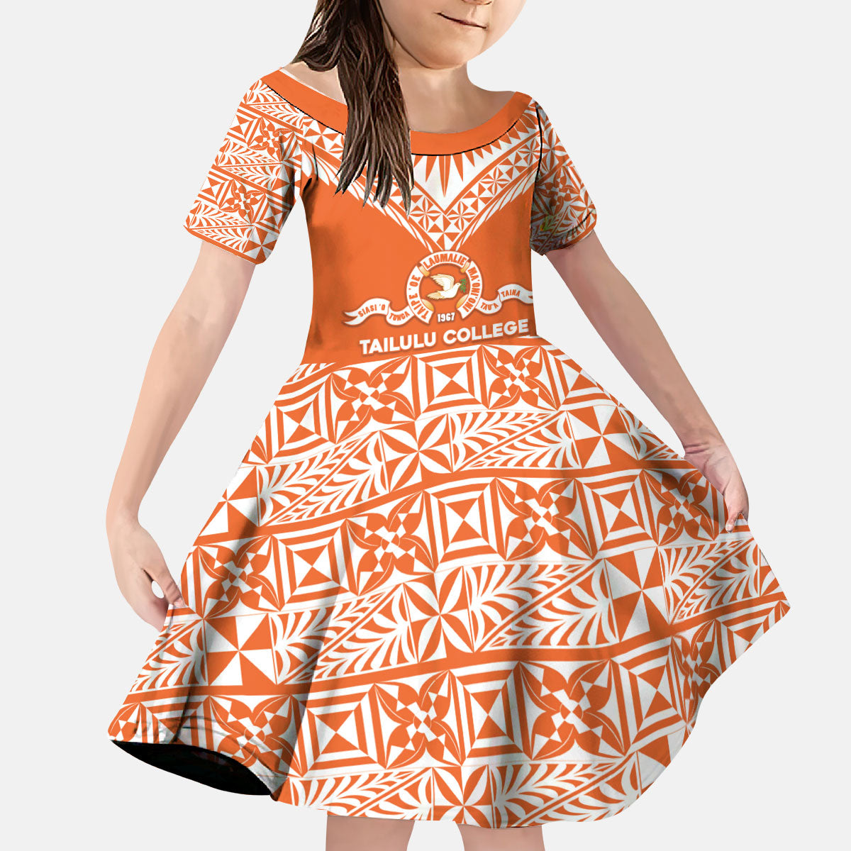 Personalised Tonga Tailulu College Kid Short Sleeve Dress Tongan Kupesi Pattern LT05 KID Orange - Polynesian Pride