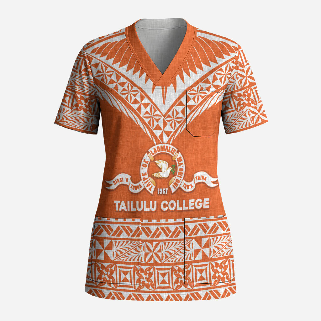 Personalised Tonga Tailulu College Scrub Top Tongan Kupesi Pattern LT05 Adult Orange - Polynesian Pride
