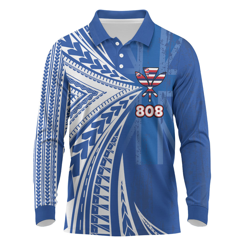 Personalised Hawaii 808 Long Sleeve Polo Shirt Unique Style LT05 Blue - Polynesian Pride