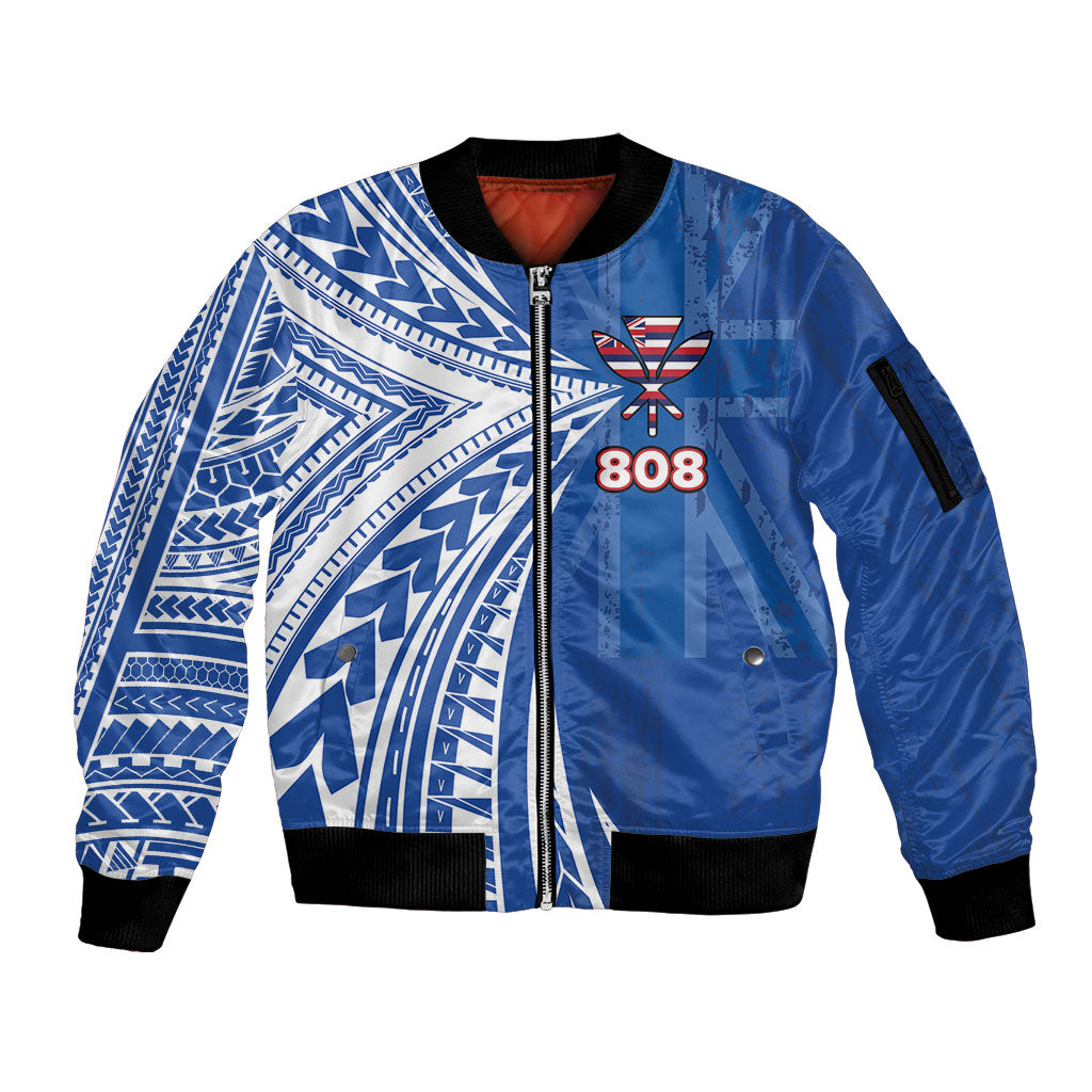 Personalised Hawaii 808 Sleeve Zip Bomber Jacket Unique Style LT05 Unisex Blue - Polynesian Pride