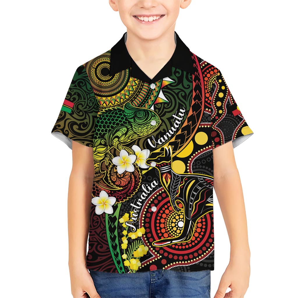 Vanuatu And Australia Aboriginal Kid Hawaiian Shirt Iguana And Kangaroo Together LT05 Kid Black - Polynesian Pride
