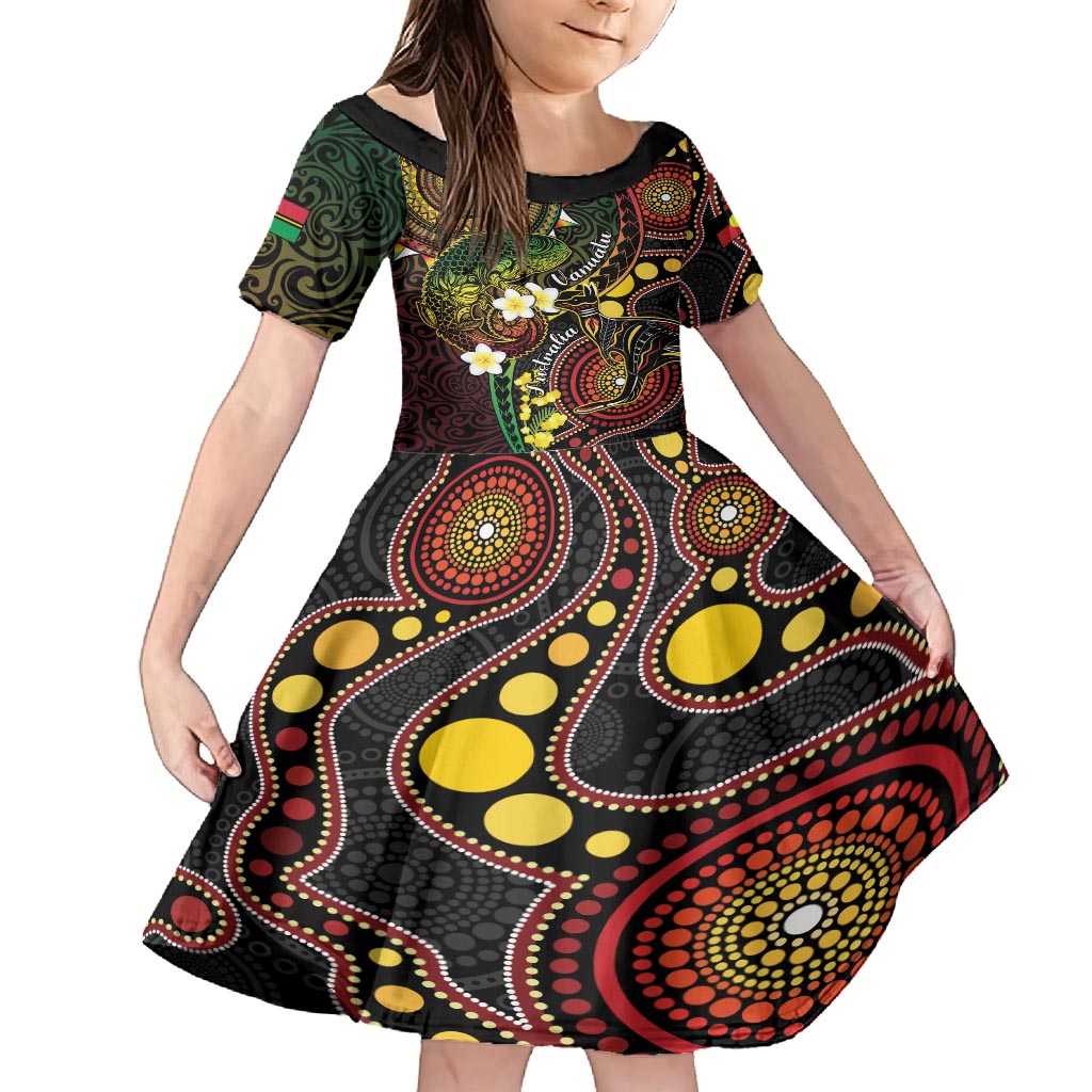 Vanuatu And Australia Aboriginal Kid Short Sleeve Dress Iguana And Kangaroo Together LT05 KID Black - Polynesian Pride