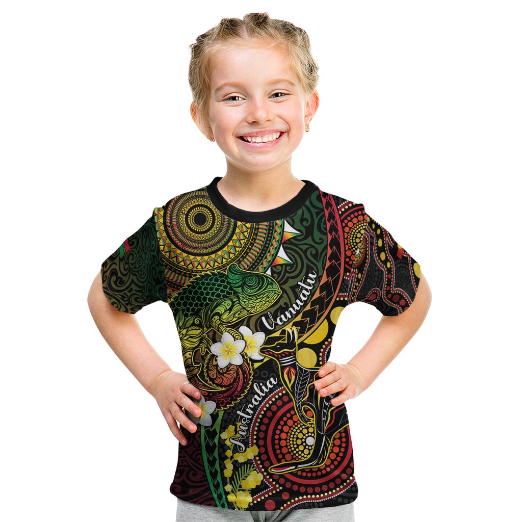 Vanuatu And Australia Aboriginal Kid T Shirt Iguana And Kangaroo Together LT05 Black - Polynesian Pride