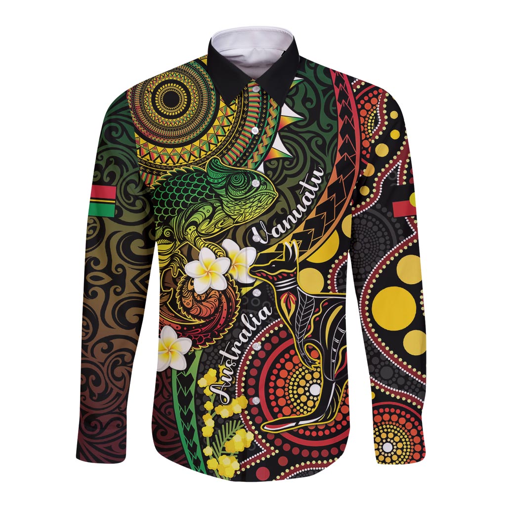 Vanuatu And Australia Aboriginal Long Sleeve Button Shirt Iguana And Kangaroo Together LT05 Unisex Black - Polynesian Pride