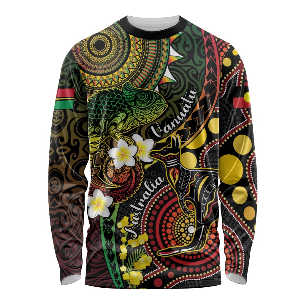 Vanuatu And Australia Aboriginal Long Sleeve Shirt Iguana And Kangaroo Together LT05 Unisex Black - Polynesian Pride