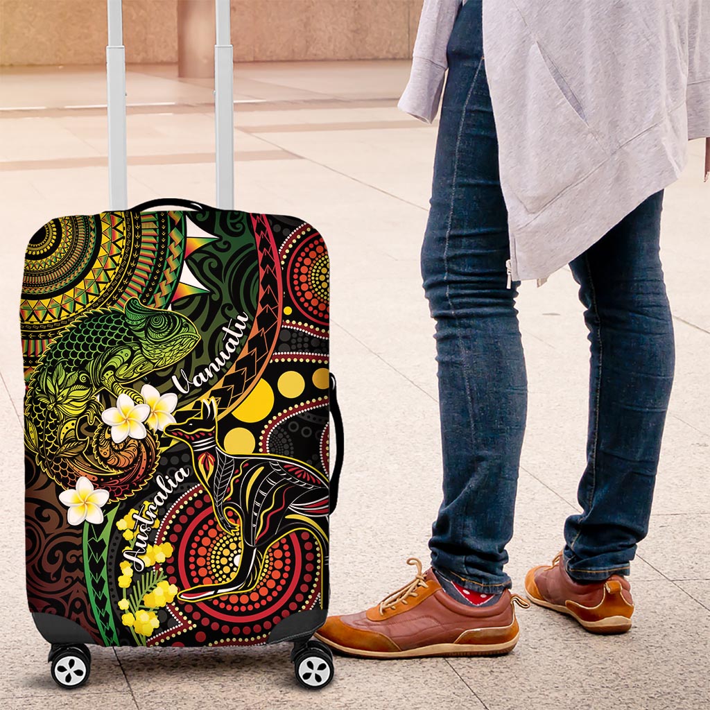 Vanuatu And Australia Aboriginal Luggage Cover Iguana And Kangaroo Together LT05 Black - Polynesian Pride