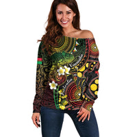 Vanuatu And Australia Aboriginal Off Shoulder Sweater Iguana And Kangaroo Together LT05 Women Black - Polynesian Pride