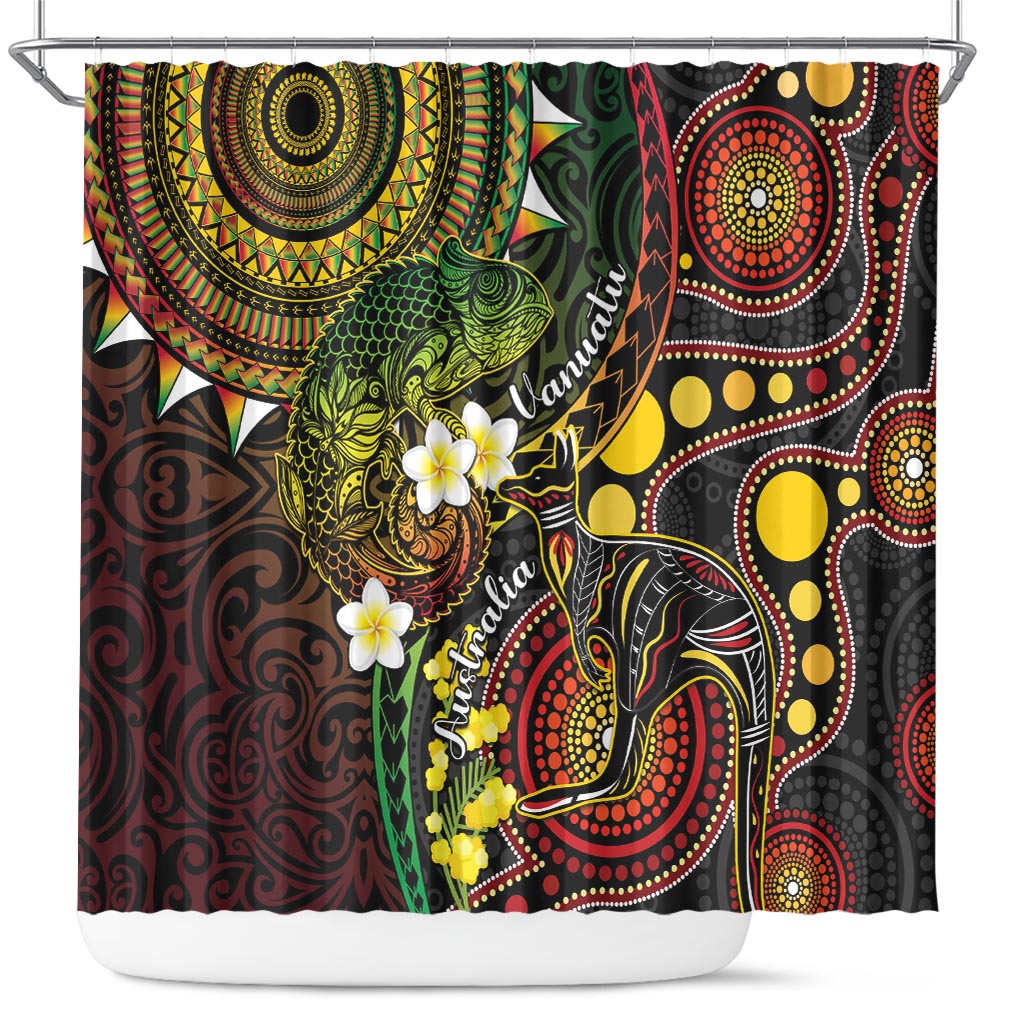 Vanuatu And Australia Aboriginal Shower Curtain Iguana And Kangaroo Together LT05 Black - Polynesian Pride