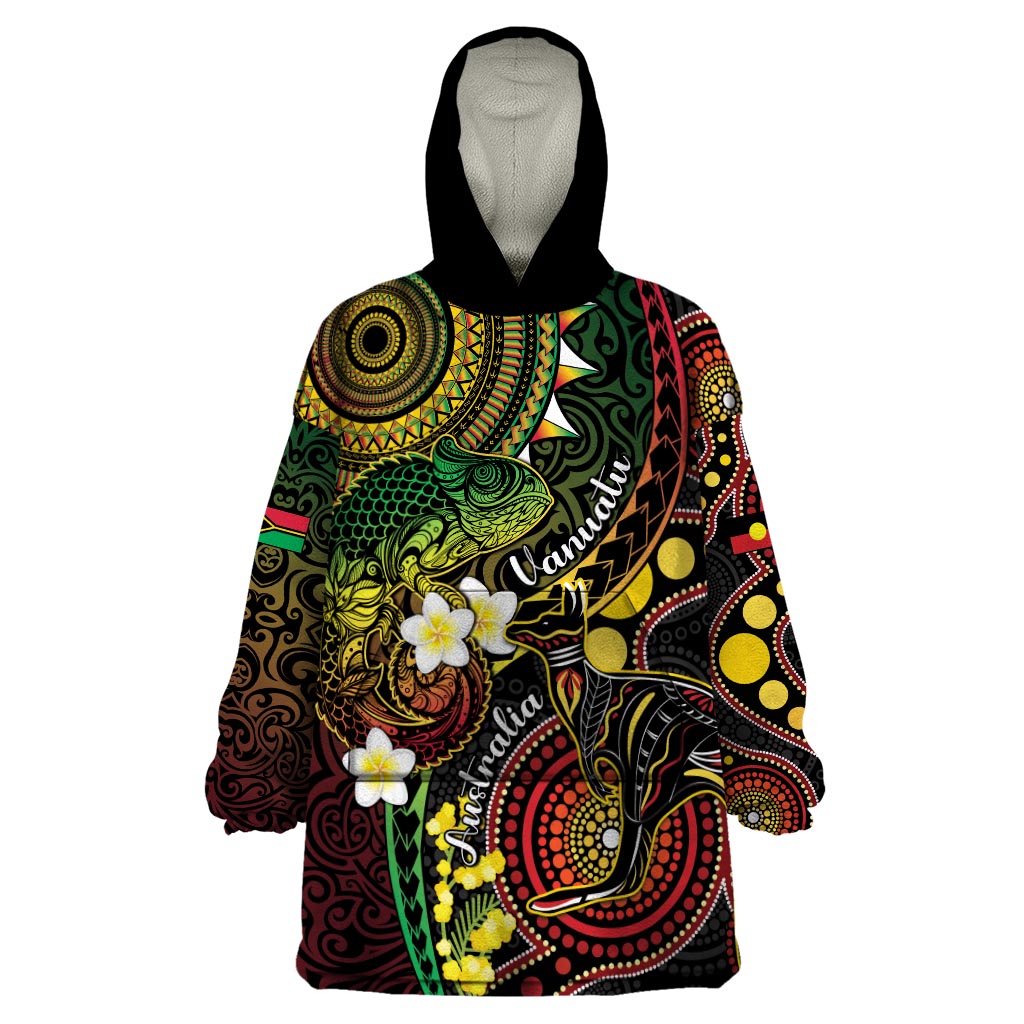 Vanuatu And Australia Aboriginal Wearable Blanket Hoodie Iguana And Kangaroo Together LT05 One Size Black - Polynesian Pride