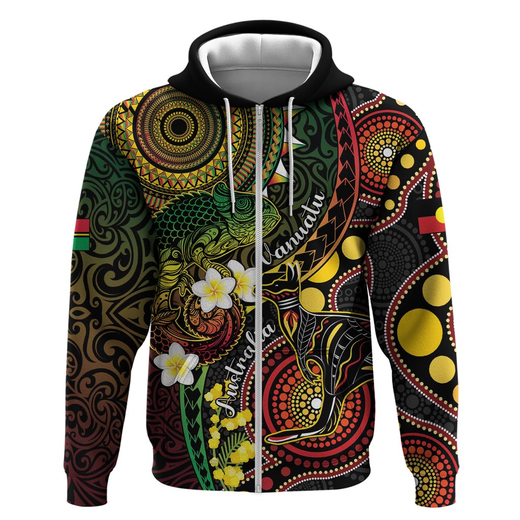 Vanuatu And Australia Aboriginal Zip Hoodie Iguana And Kangaroo Together LT05 Zip Hoodie Black - Polynesian Pride