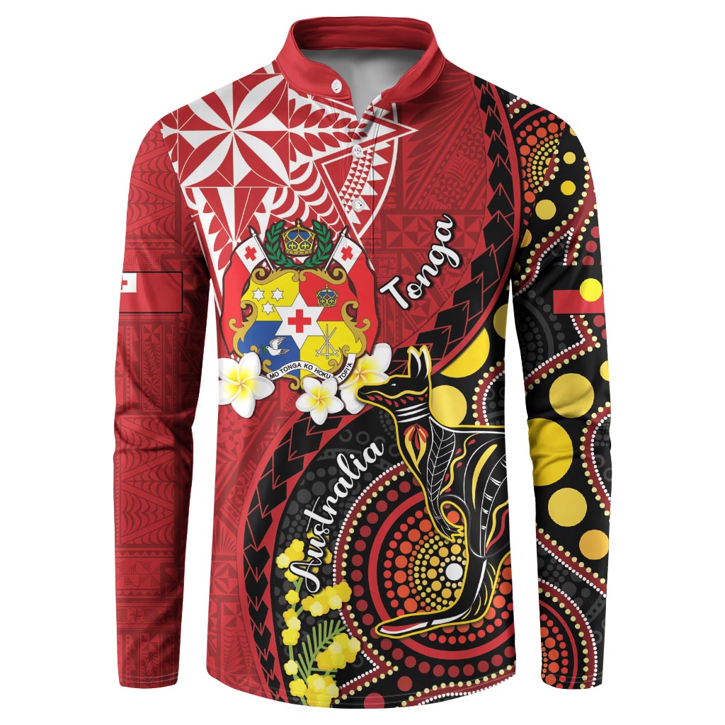 Tonga Ngatu And Australia Aboriginal Button Sweatshirt Tongan Dove And Kangaroo Together LT05 Red - Polynesian Pride