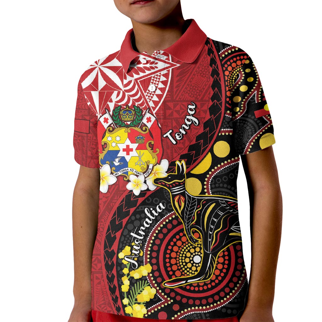 Tonga Ngatu And Australia Aboriginal Kid Polo Shirt Tongan Dove And Kangaroo Together LT05 Kid Red - Polynesian Pride
