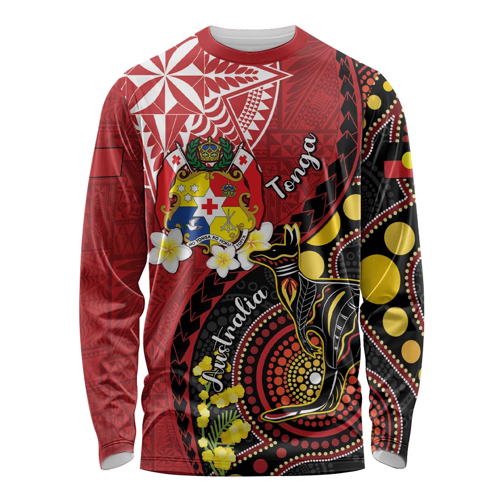 Tonga Ngatu And Australia Aboriginal Long Sleeve Shirt Tongan Dove And Kangaroo Together LT05 Unisex Red - Polynesian Pride