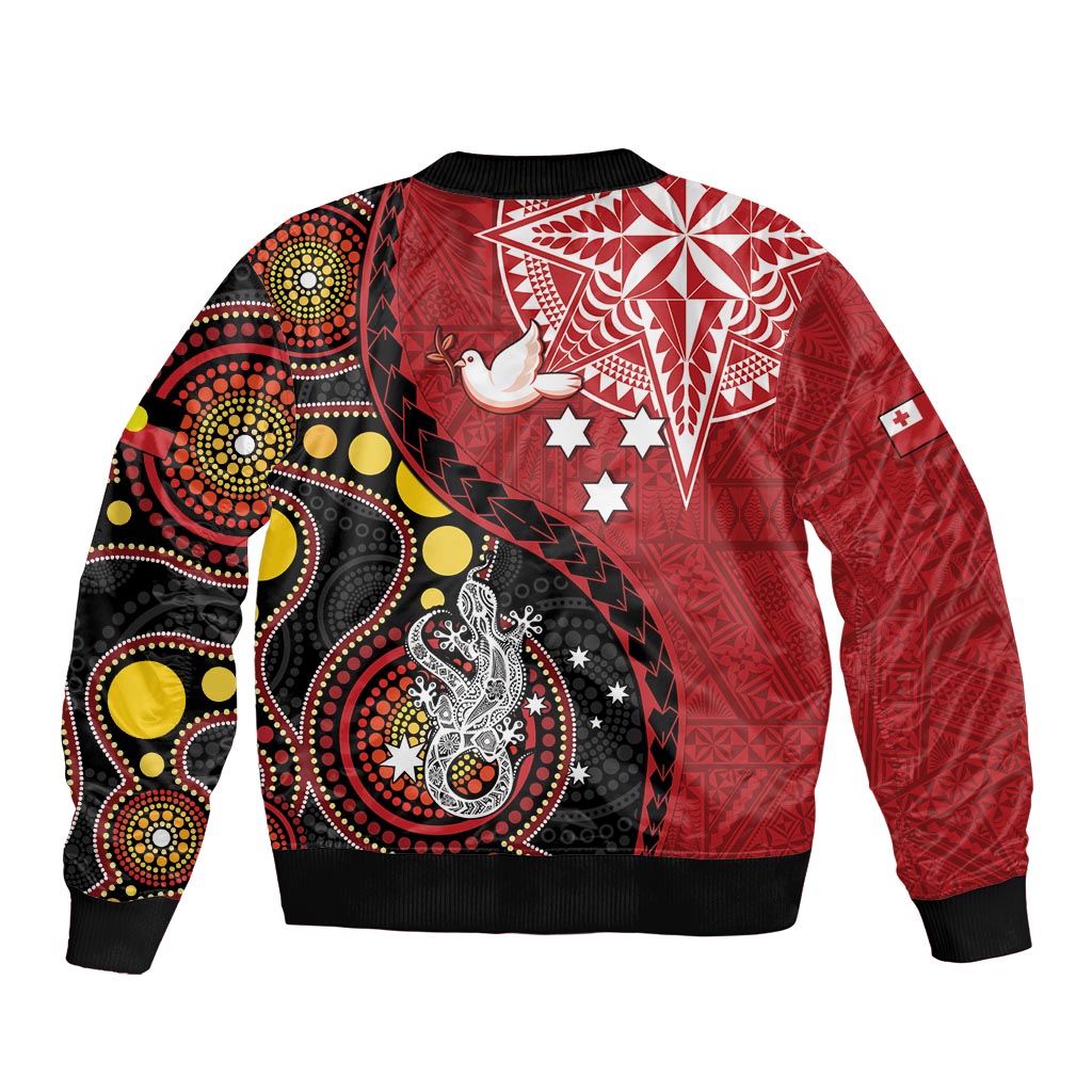 Tonga Ngatu And Australia Aboriginal Sleeve Zip Bomber Jacket Tongan Dove And Kangaroo Together LT05 - Polynesian Pride
