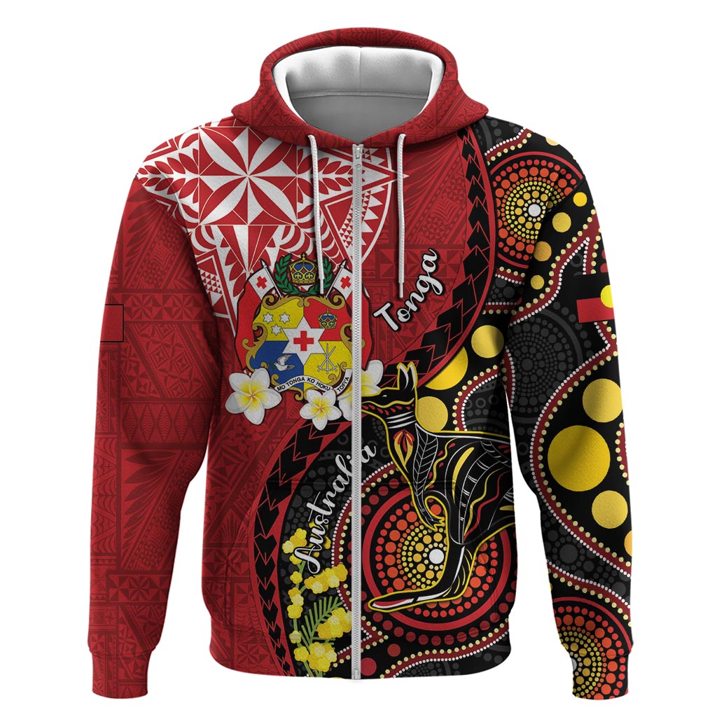 Tonga Ngatu And Australia Aboriginal Zip Hoodie Tongan Dove And Kangaroo Together LT05 Zip Hoodie Red - Polynesian Pride