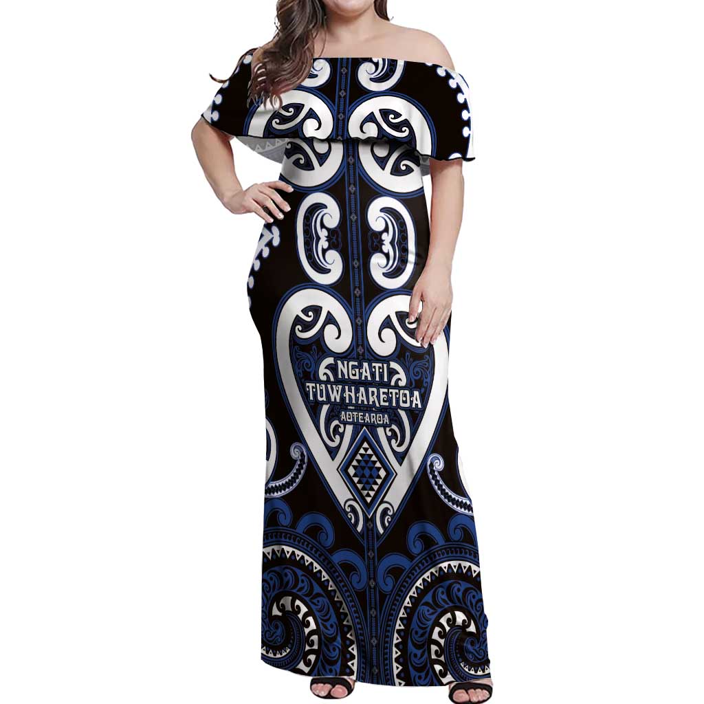 Custom Aotearoa Ngati Tuwharetoa Off Shoulder Maxi Dress Maori Tribal Pattern LT05 Women Navy - Polynesian Pride