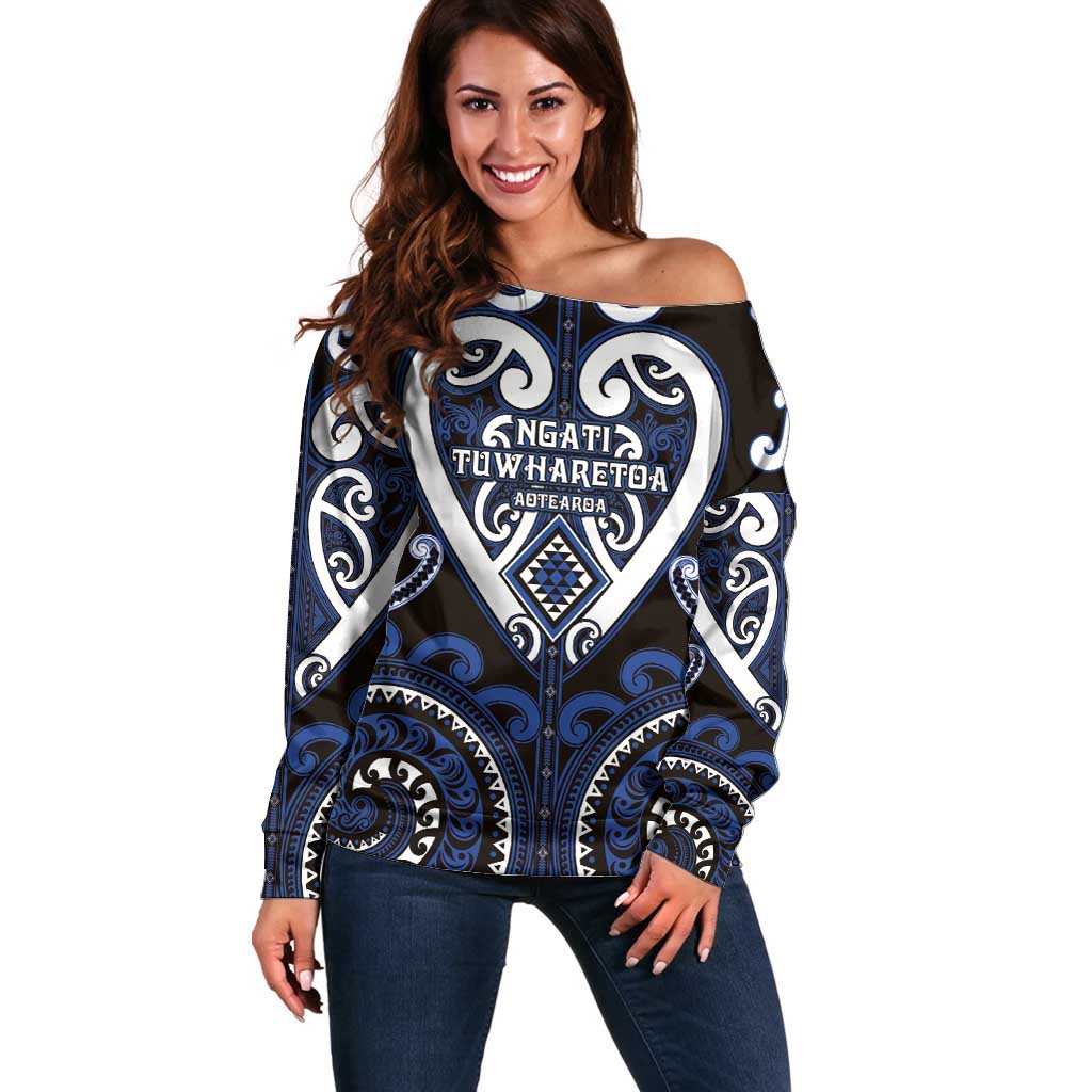 Custom Aotearoa Ngati Tuwharetoa Off Shoulder Sweater Maori Tribal Pattern LT05 Women Navy - Polynesian Pride