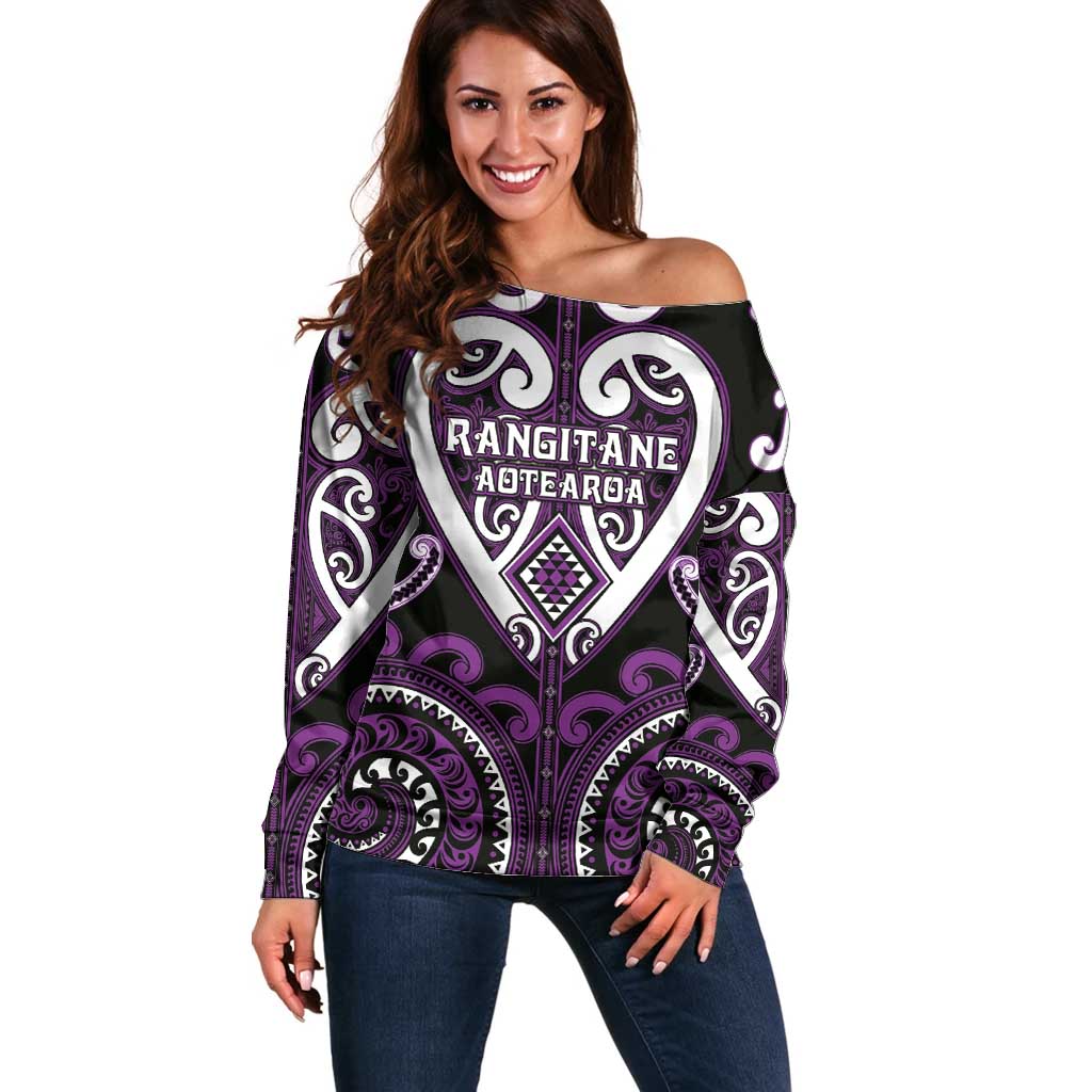 Custom Aotearoa Rangitane Off Shoulder Sweater Maori Tribal Pattern LT05 Women Purple - Polynesian Pride
