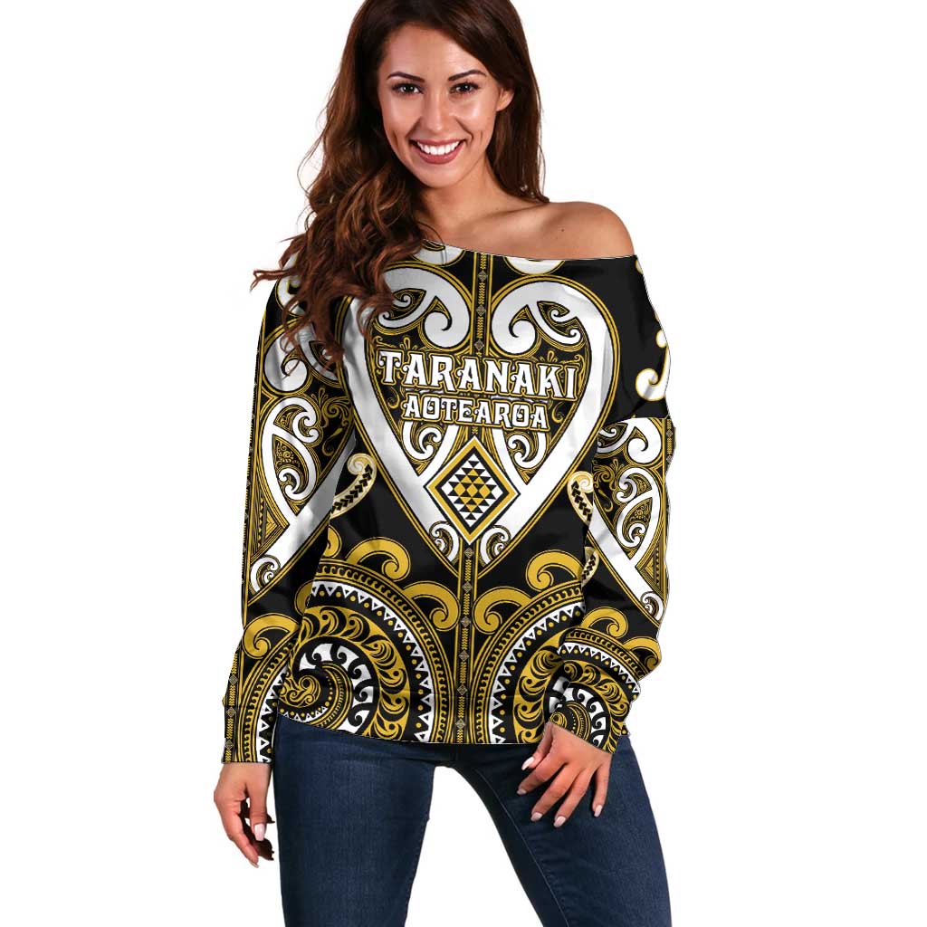 Custom Aotearoa Taranaki Off Shoulder Sweater Maori Tribal Pattern LT05 Women Yellow - Polynesian Pride