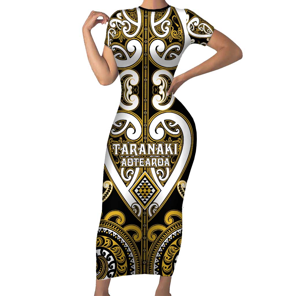 Custom Aotearoa Taranaki Short Sleeve Bodycon Dress Maori Tribal Pattern LT05 Long Dress Yellow - Polynesian Pride
