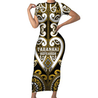 Custom Aotearoa Taranaki Short Sleeve Bodycon Dress Maori Tribal Pattern LT05 Long Dress Yellow - Polynesian Pride