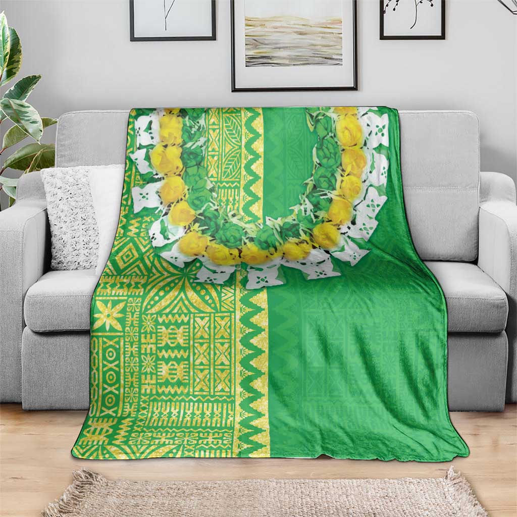 Fiji Lovoni Blanket Fijian Tapa Salusalu Green Glitter LT05 - Polynesian Pride
