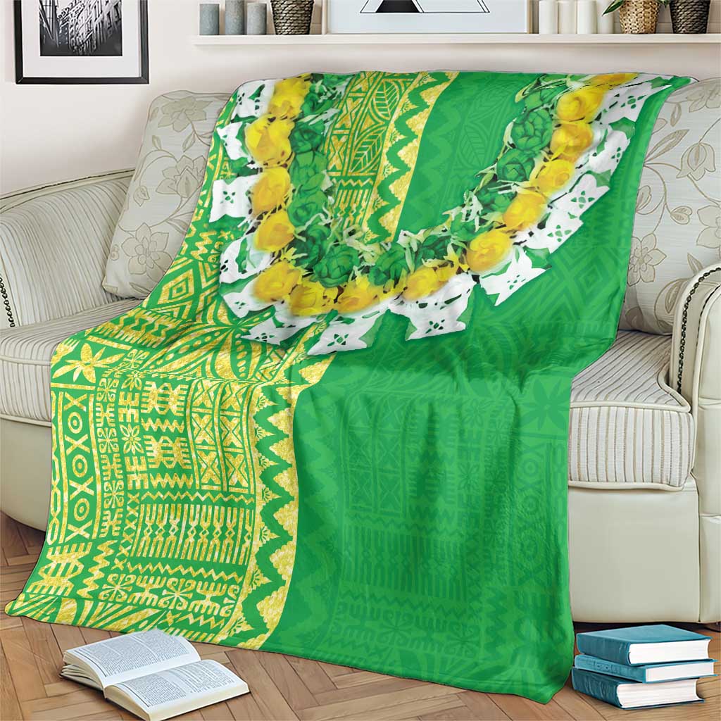 Fiji Lovoni Blanket Fijian Tapa Salusalu Green Glitter LT05 - Polynesian Pride