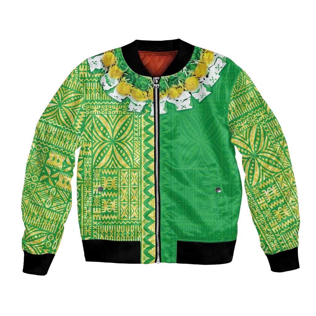 Fiji Lovoni Bomber Jacket Fijian Tapa Salusalu Green Glitter LT05 Unisex Green - Polynesian Pride