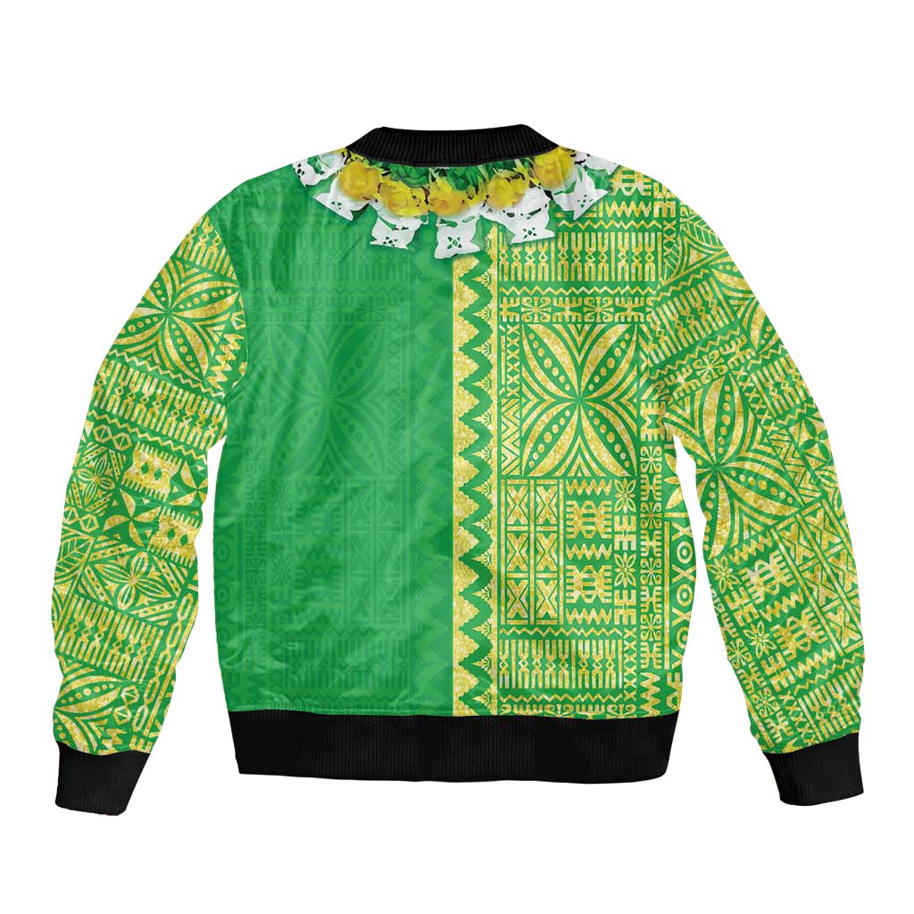 Fiji Lovoni Bomber Jacket Fijian Tapa Salusalu Green Glitter LT05 - Polynesian Pride