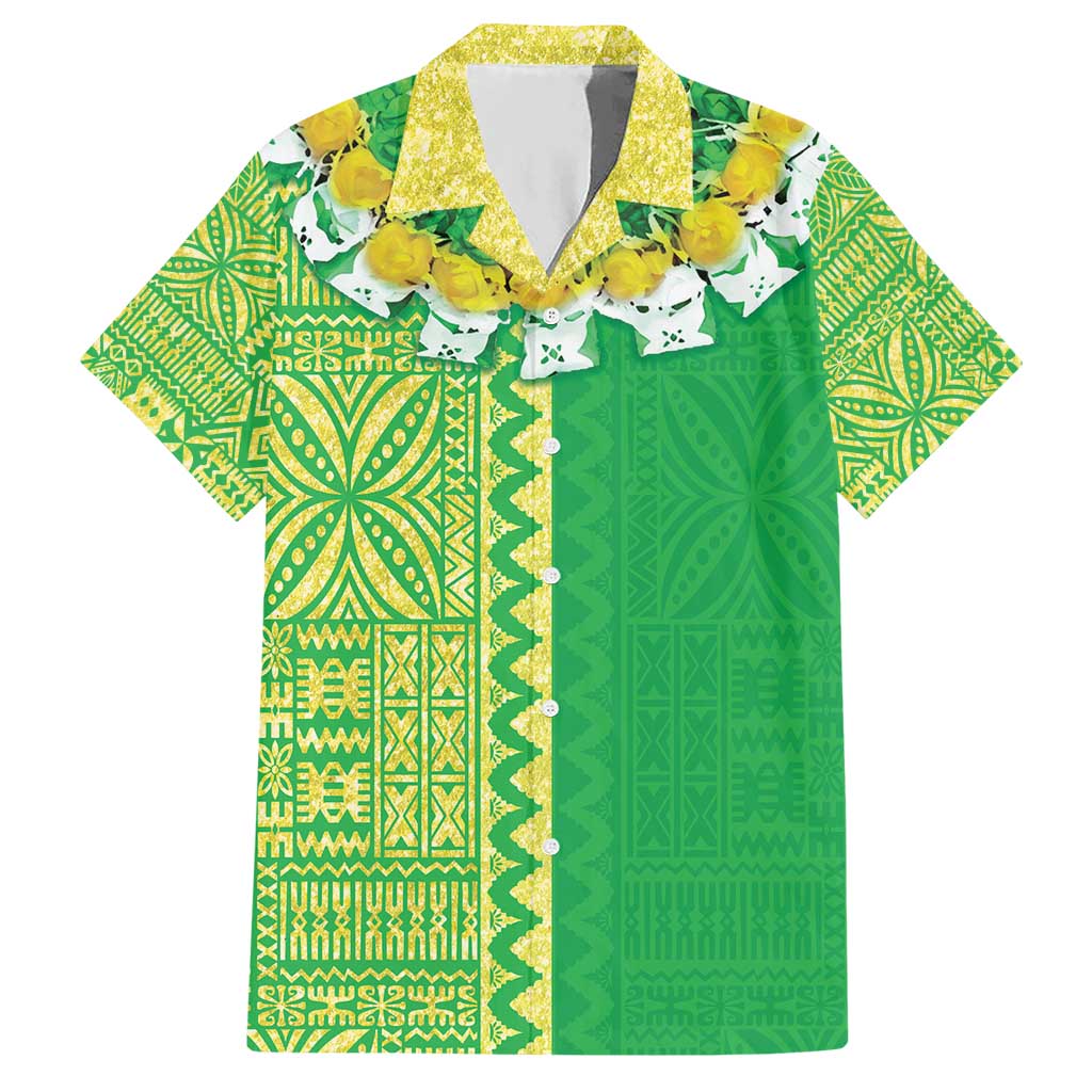 Fiji Lovoni Hawaiian Shirt Fijian Tapa Salusalu Green Glitter LT05 Green - Polynesian Pride