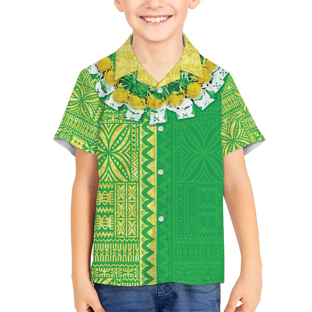 Fiji Lovoni Kid Hawaiian Shirt Fijian Tapa Salusalu Green Glitter LT05 Kid Green - Polynesian Pride