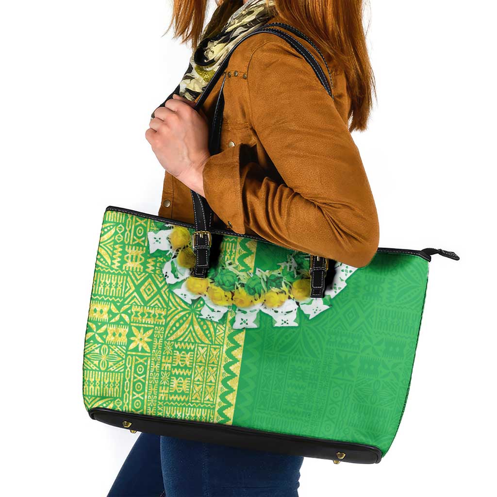 Fiji Lovoni Leather Tote Bag Fijian Tapa Salusalu Green Glitter LT05 Green - Polynesian Pride