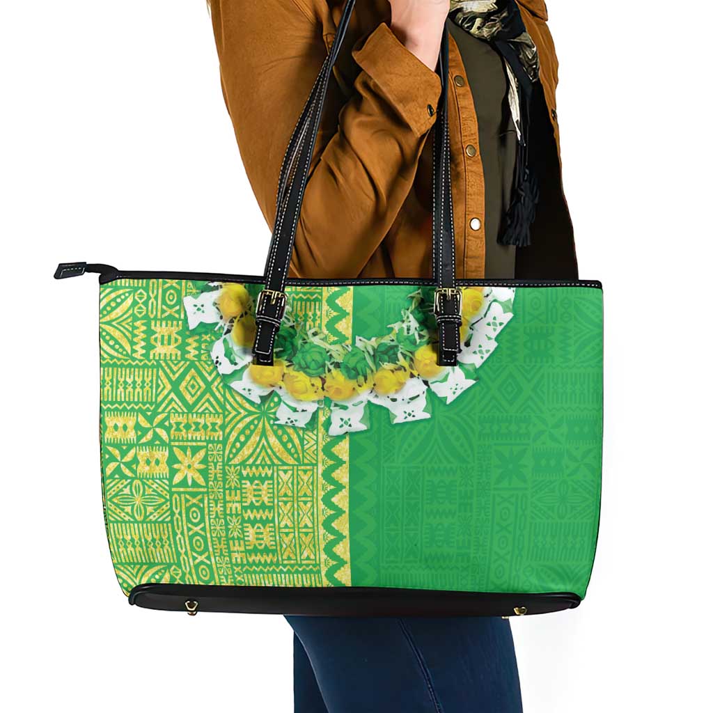 Fiji Lovoni Leather Tote Bag Fijian Tapa Salusalu Green Glitter LT05 - Polynesian Pride