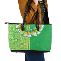 Fiji Lovoni Leather Tote Bag Fijian Tapa Salusalu Green Glitter LT05 - Polynesian Pride