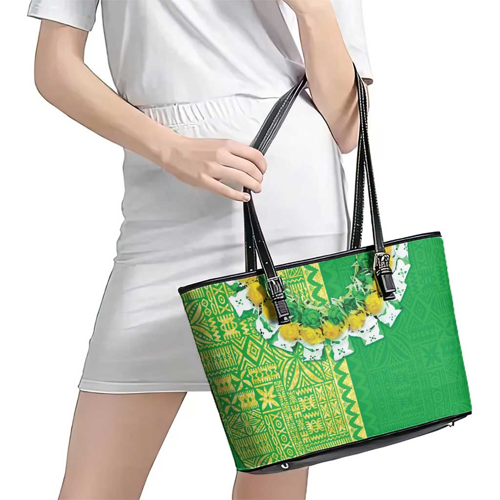 Fiji Lovoni Leather Tote Bag Fijian Tapa Salusalu Green Glitter LT05 - Polynesian Pride