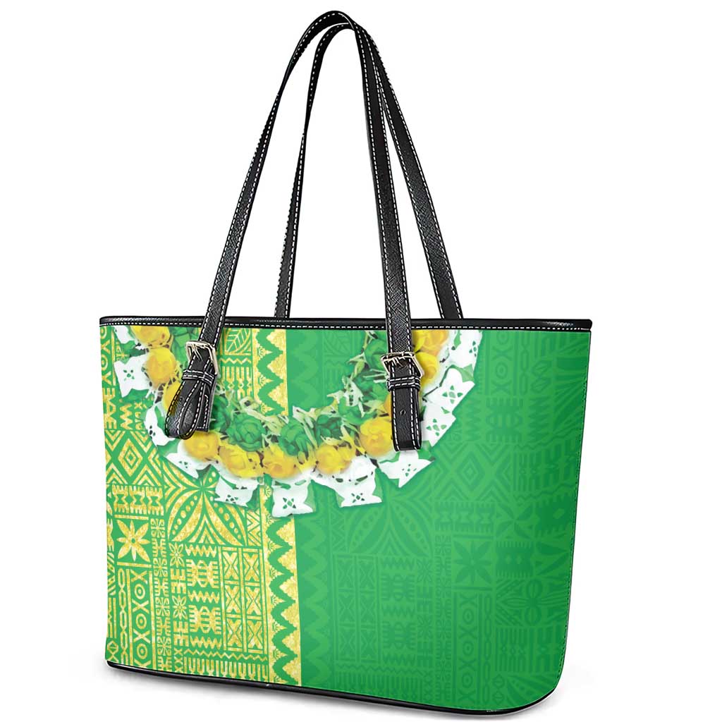 Fiji Lovoni Leather Tote Bag Fijian Tapa Salusalu Green Glitter LT05 - Polynesian Pride