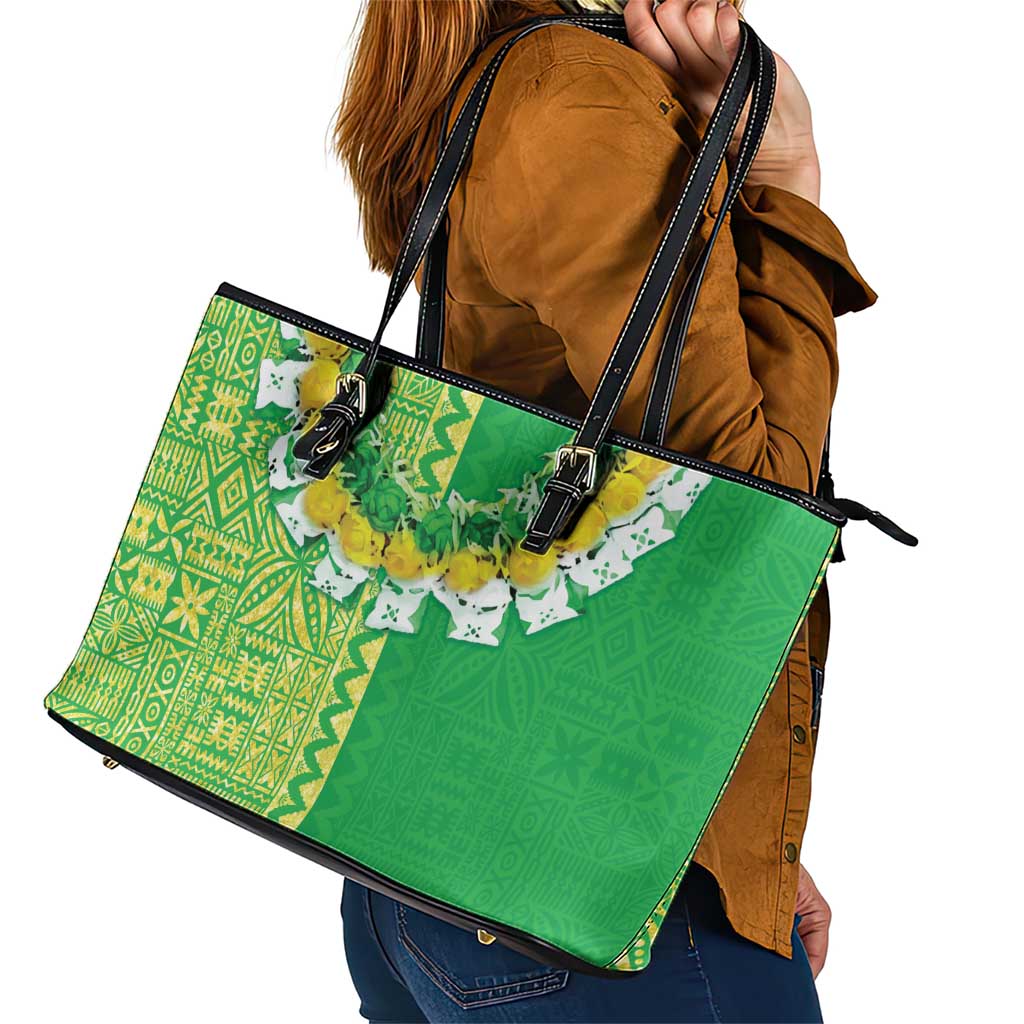 Fiji Lovoni Leather Tote Bag Fijian Tapa Salusalu Green Glitter LT05 - Polynesian Pride