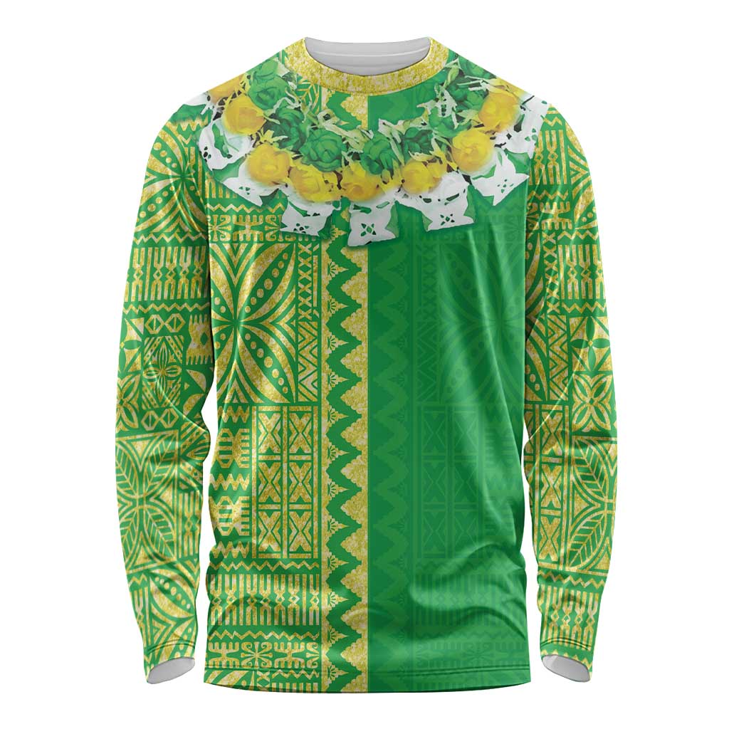Fiji Lovoni Long Sleeve Shirt Fijian Tapa Salusalu Green Glitter LT05 Unisex Green - Polynesian Pride