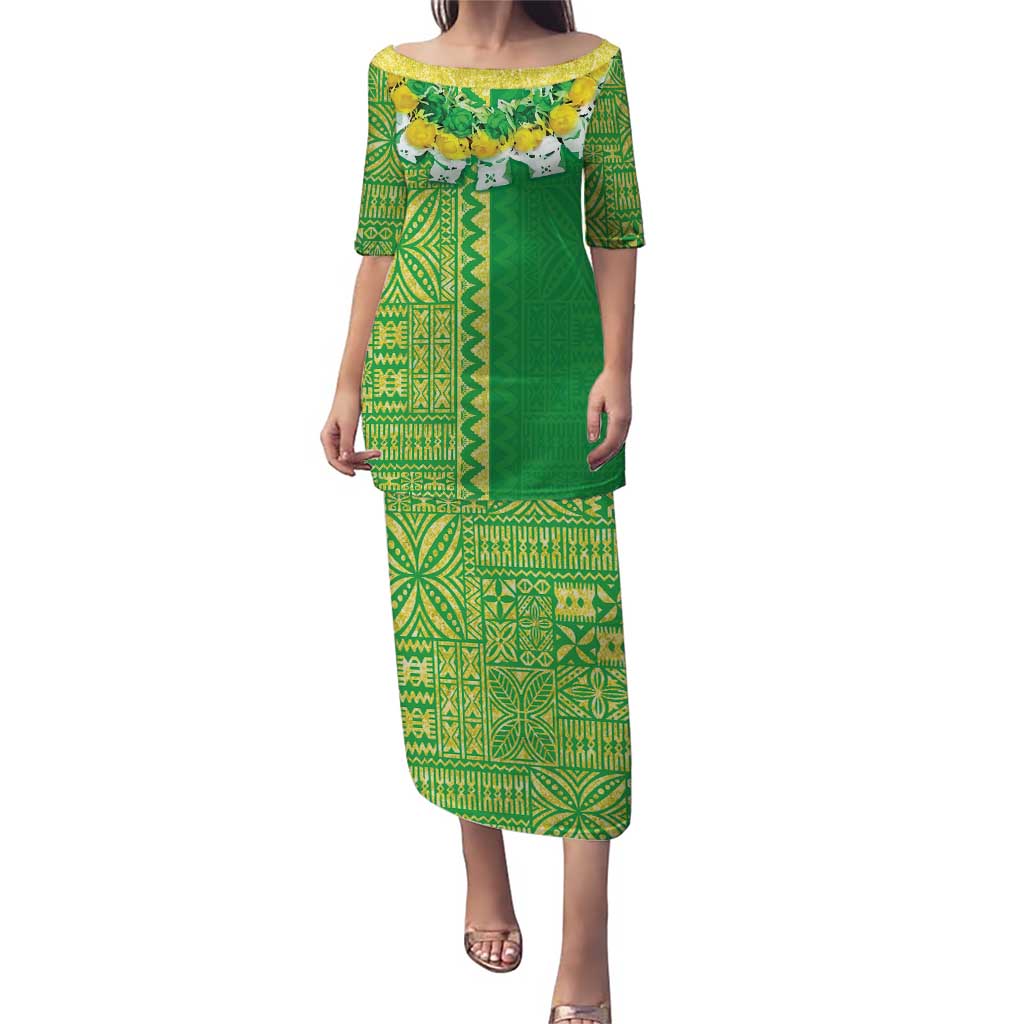Fiji Lovoni Puletasi Fijian Tapa Salusalu Green Glitter LT05 Long Dress Green - Polynesian Pride