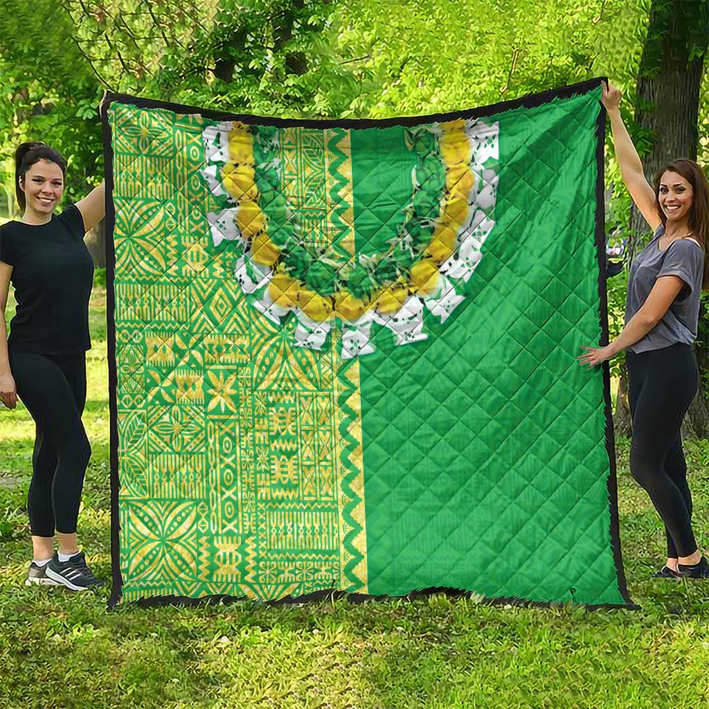 Fiji Lovoni Quilt Fijian Tapa Salusalu Green Glitter LT05 - Polynesian Pride