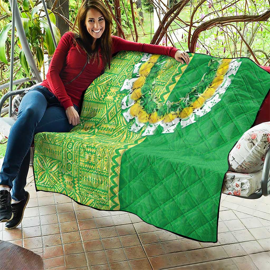 Fiji Lovoni Quilt Fijian Tapa Salusalu Green Glitter LT05 - Polynesian Pride