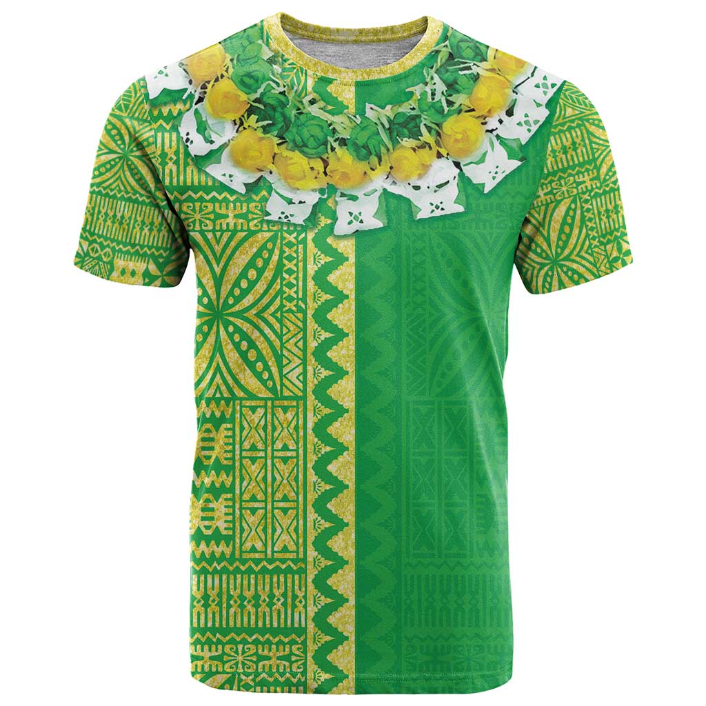 Fiji Lovoni T Shirt Fijian Tapa Salusalu Green Glitter LT05 Green - Polynesian Pride